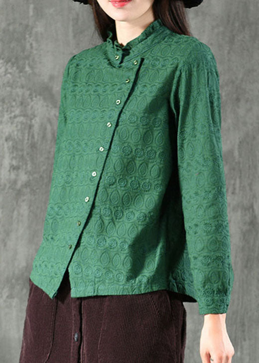 Natural Green Ruffled Jacquard Button Tops Long Sleeve