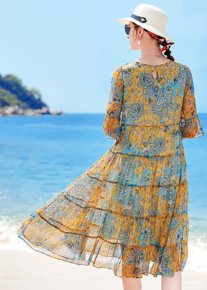 Yellow O-neck Patchwork Print Silk Holiday Dress Short Sleeve