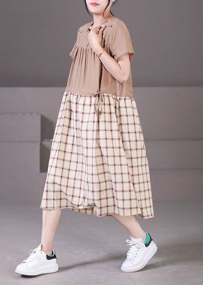 Diy Khaki Square Collar Wrinkled Ruffled Drawstring Plaid Maxi Dresses Short Sleeve
