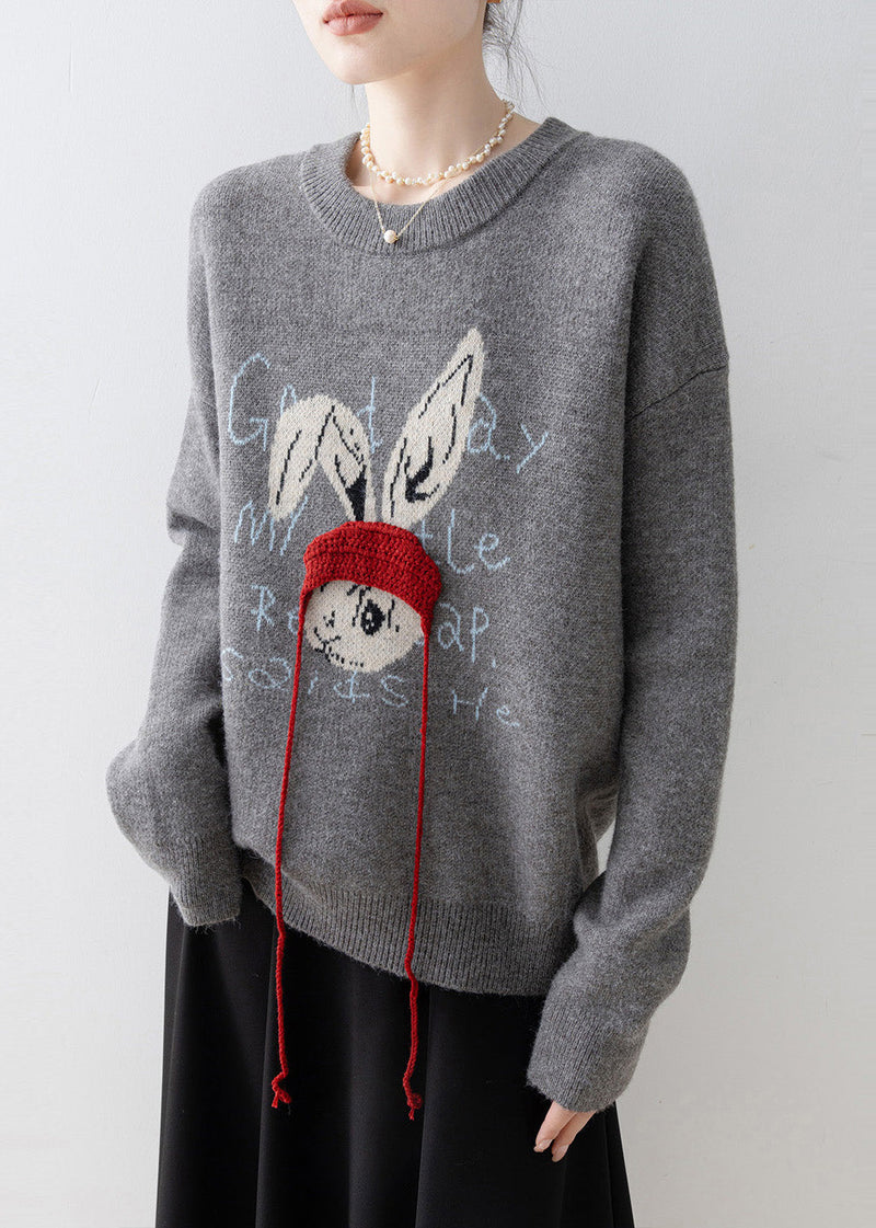 Grey Oversized Rabbit Jacquard Knit Pullover Winter