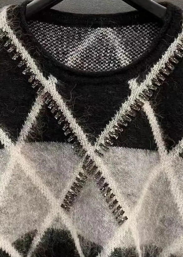 Black Plaid Sequined Patchwork Cotton Knit Sweaters Long Sleeve