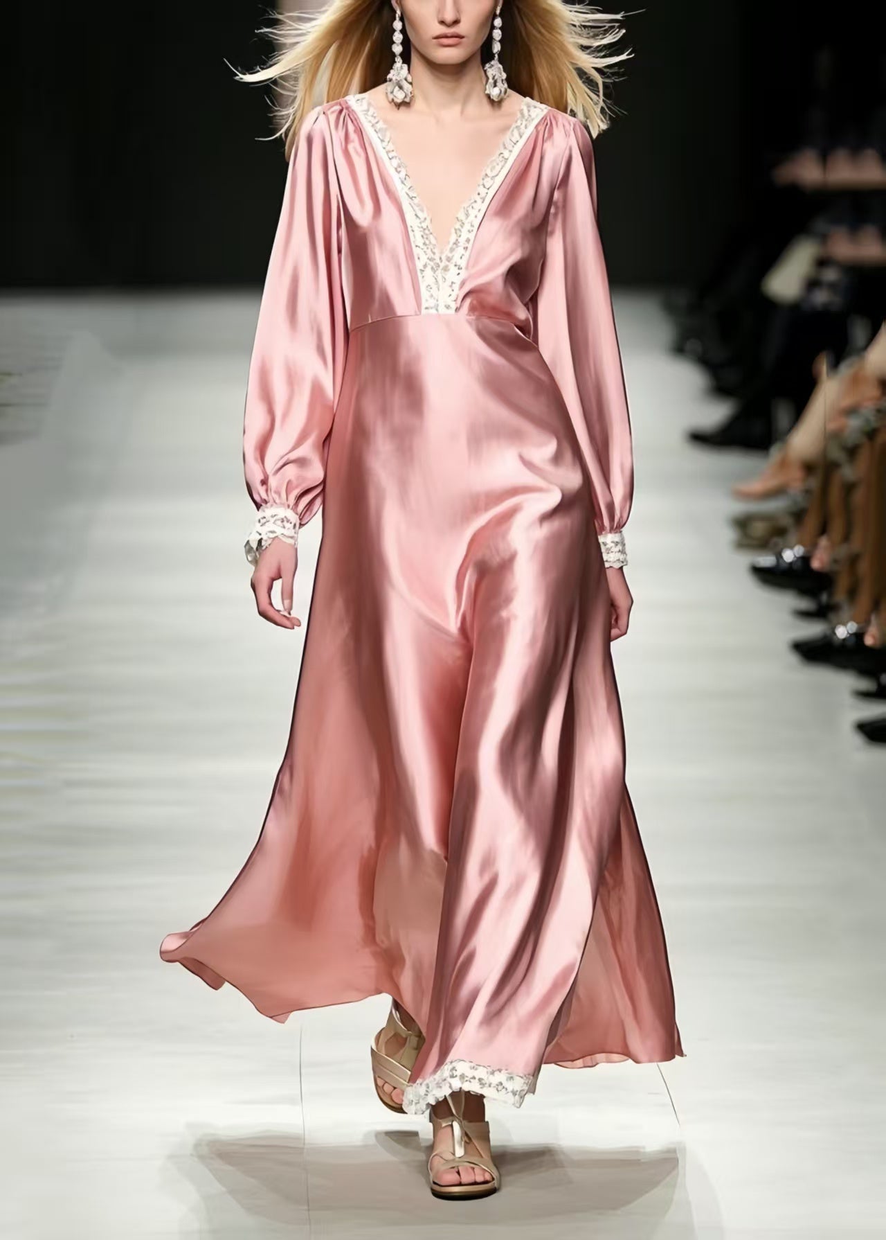 Pink V Neck Patchwork Silk Vacation Dresses Spring
