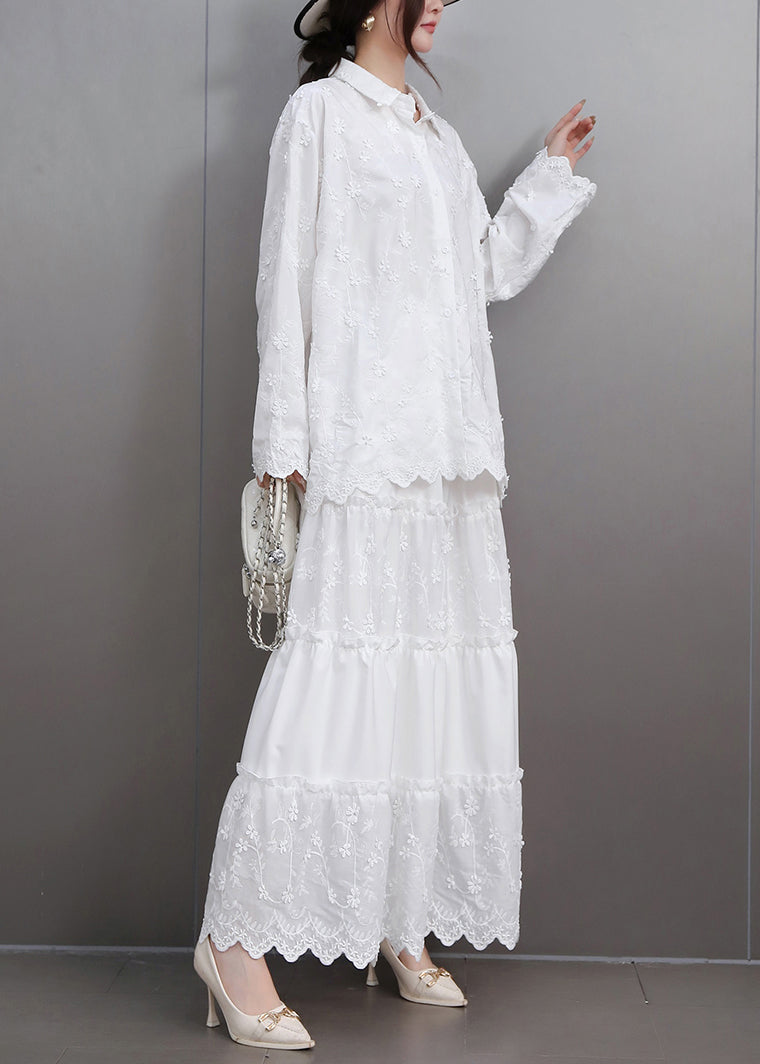 Boutique White Embroidered Lace Shirts and Maxi Skirts Two Pieces Set Flare Sleeve