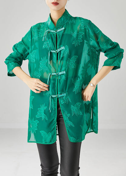 Green Chiffon Upf 50+ Shirts Oversized Chinese Button Fall