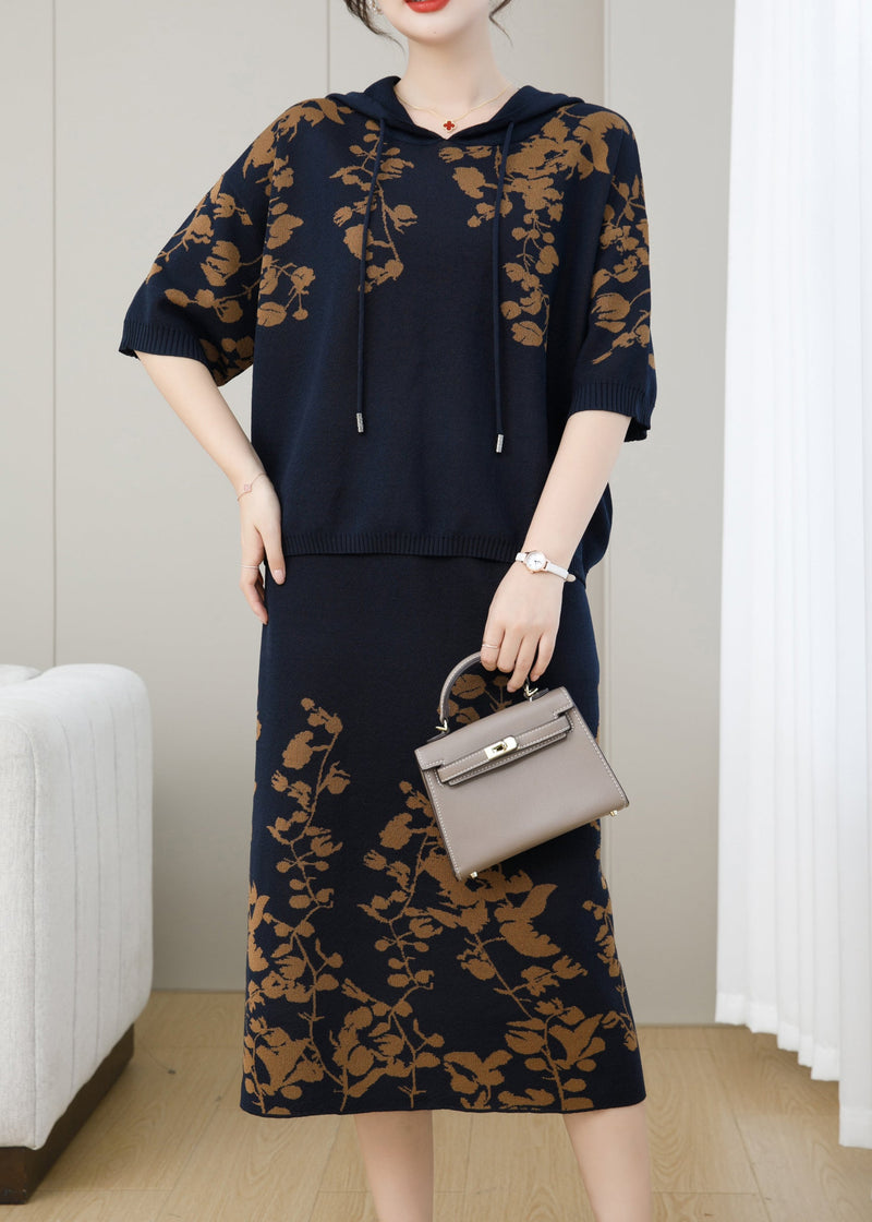 Navy Hooded Jacquard Patchwork Knit Two Piece Set Fall