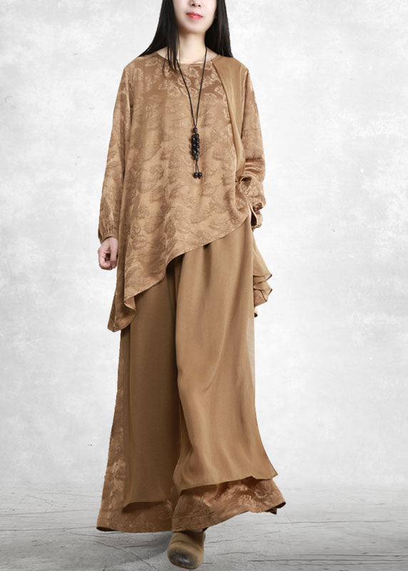 Chocolate Yellow Patchwork Silk Tops and Wide Leg Pants Two Piece Set Jacquard Spring