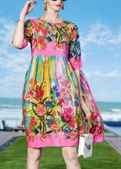 Rose O-neck Print Patchwork Silk Beach Dresses Short Sleeve