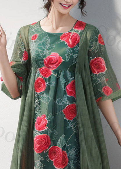 Style Green O-neck Print Patchwork Silk Dress Half Sleeve
