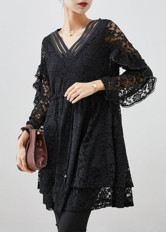 Black Silm Fit Lace a Line Dress Tie Waist Fall