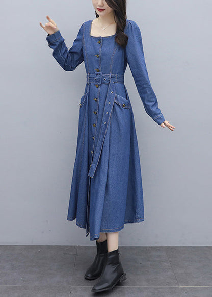 Italian Blue Square Collar Button Pockets Sashes Cotton Denim Long Dresses Long Sleeve