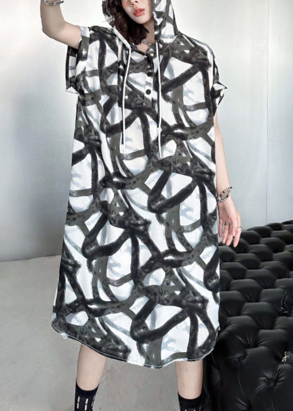 Black Hooded Print Patchwork Silk Cotton Long Dress Summer
