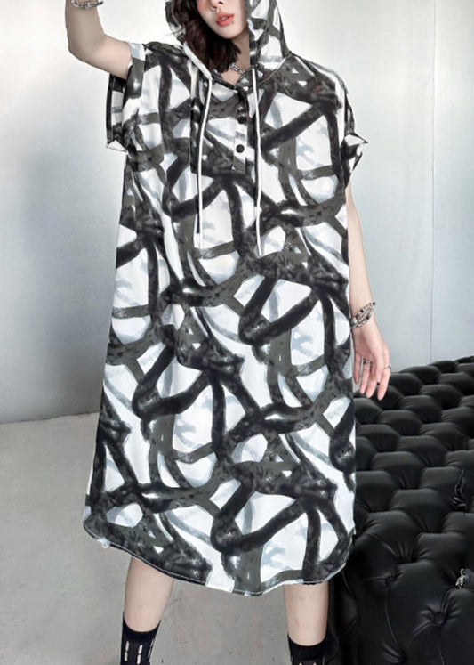 Black Hooded Print Patchwork Silk Cotton Long Dress Summer