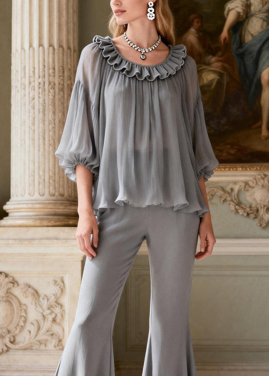 Grey Ruffled Patchwork Silk Two Pieces Set Summer