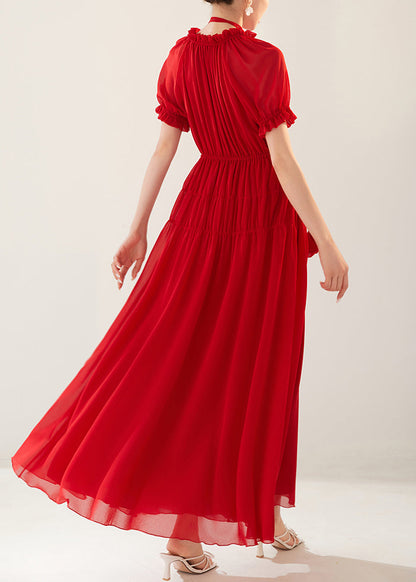 Red Ruffled Elastic Waist Chiffon Long Dresses Summer