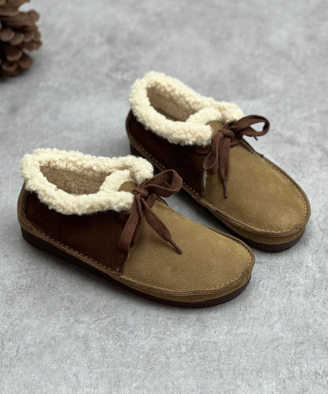 Chocolate Flat Shoes for Lace Up Fuzzy Wool Lined Flat Shoes for