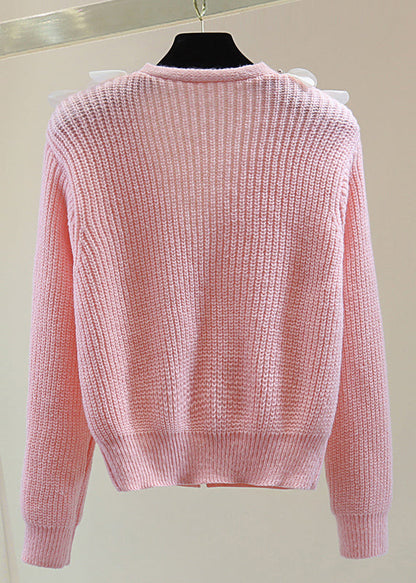 Pink Zippered Patchwork Cotton Knit Sweater Winter