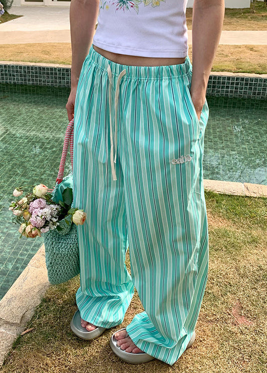 Green Striped Pockets Elastic Waist Cotton Pants Summer