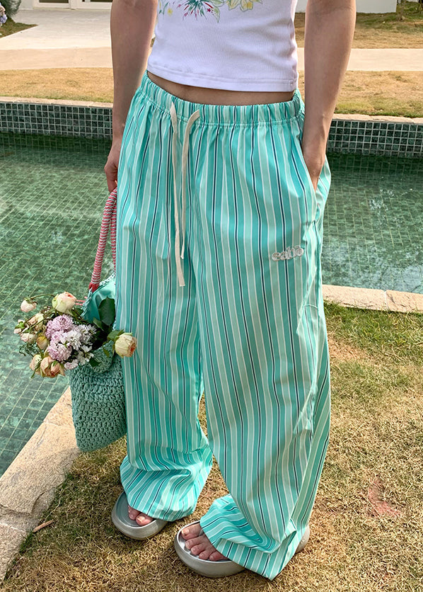 Green Striped Pockets Elastic Waist Cotton Pants Summer