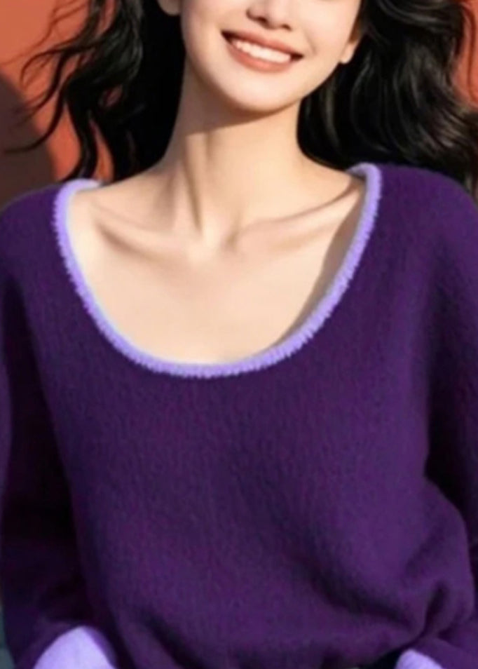 Purple O Neck Cozy Patchwork Knit Sweater Spring