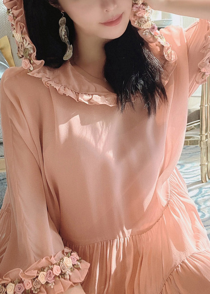Simple Pink Wrinkled Hoold Silk Maxi Dresses Flare Sleeve