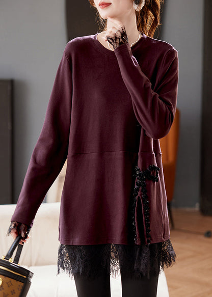Purple Sequins Lace Patchwork T Shirt Spring
