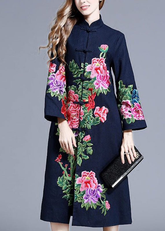 Navy Stand Collar Embroideried Button Coats Long Sleeve