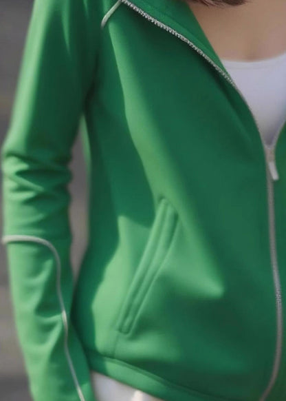 Green Zip Up Pockets Cotton Hoodie Coat Fall