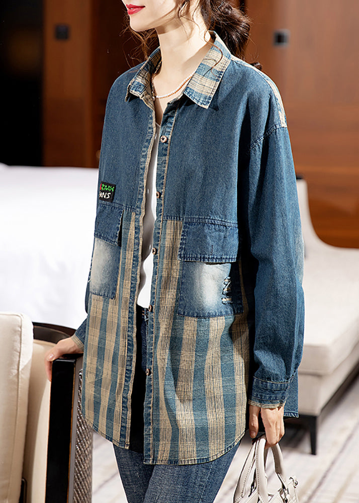 Plaid Peter Pan Collar Button Patchwork Denim Blouse Tops Fall