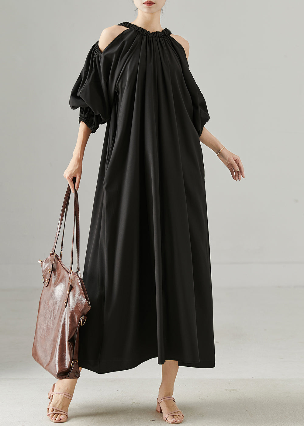Black Cold Shoulder Oversized Cotton Dresses Spring