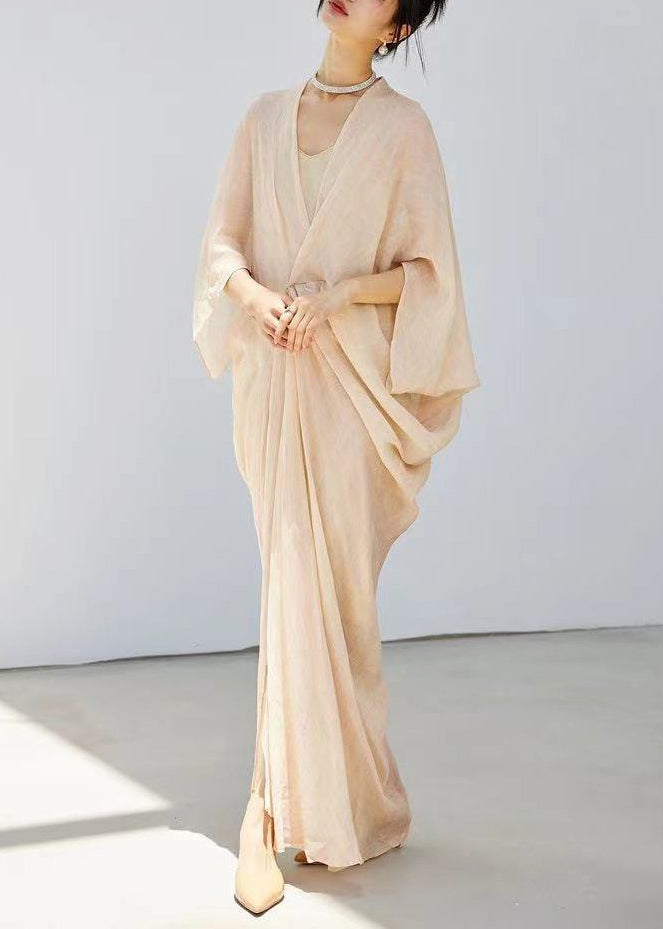 Beige V Neck Wrinkled Linen Silk Dress Bracelet Sleeve