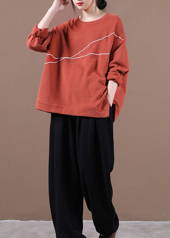 Brick Red O-neck Embroideried Loose Fall Sweatshirt