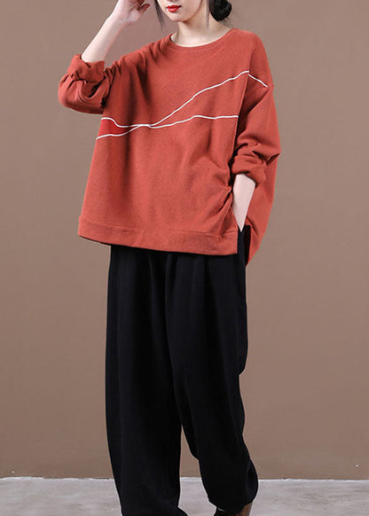 Brick Red O-neck Embroideried Loose Fall Sweatshirt