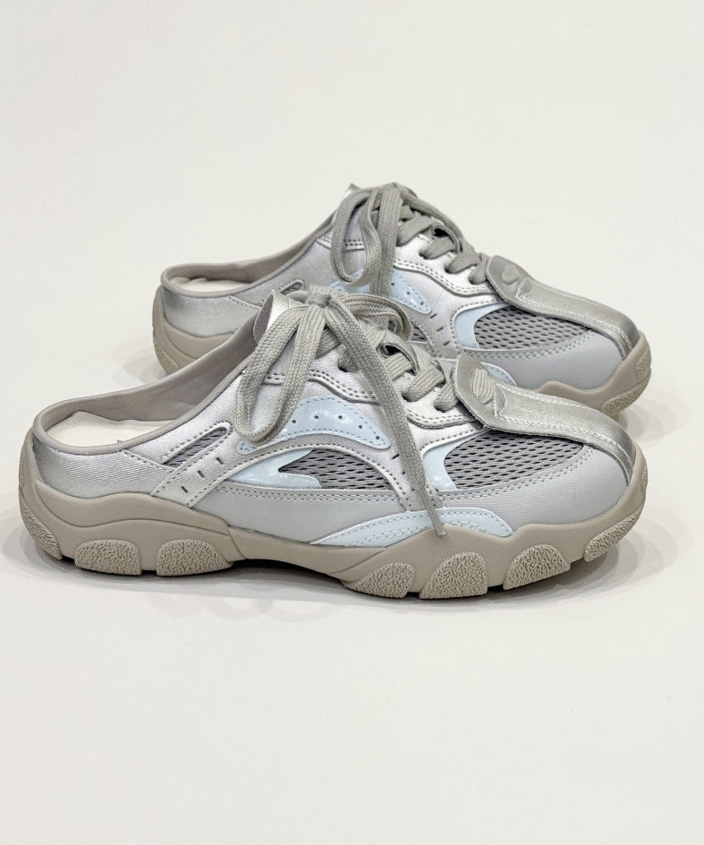 Silver Platform Faux Leather Splicing Slide Sandals Lace Up