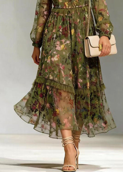 Style Green Ruffled Jacquard Patchwork Silk Dresses Fall