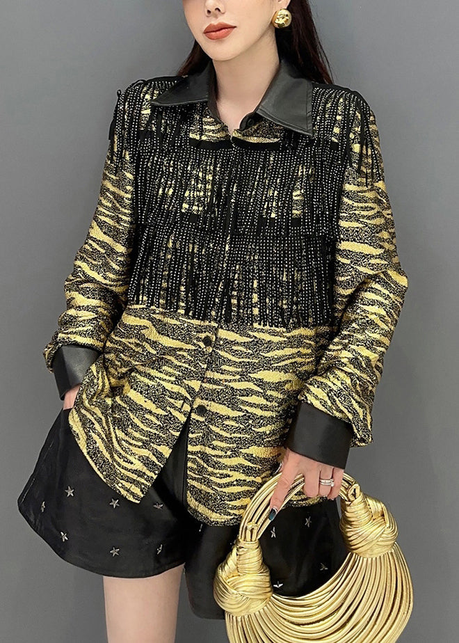 Yellow Tasseled Faux Leather Patchwork Blouse Spring