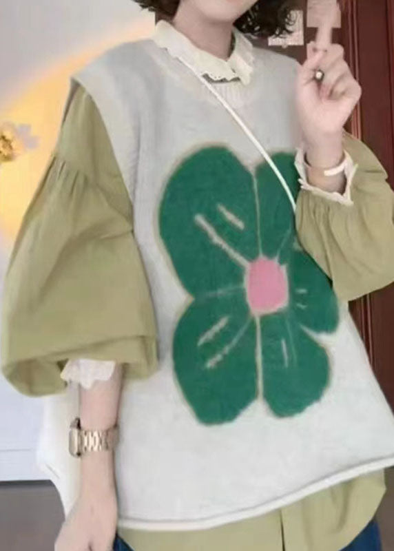 Diy Green O-neck Print Cotton Knit Waistcoat Fall