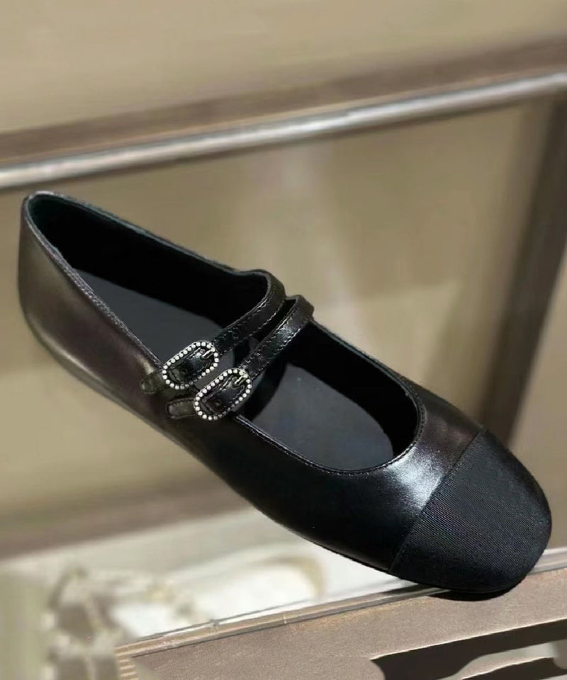 Black Cowhide Leather Flat Feet Shoes Splicing Buckle Strap