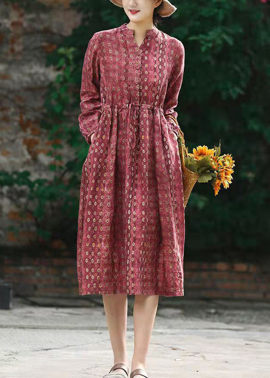 Red Stand Collar Drawstring Print Linen Dress Long Sleeve