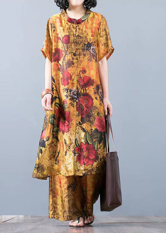 Yellow Loose Silk Long Tops and Wide Leg Pants Two Pieces Set Short Sleeve