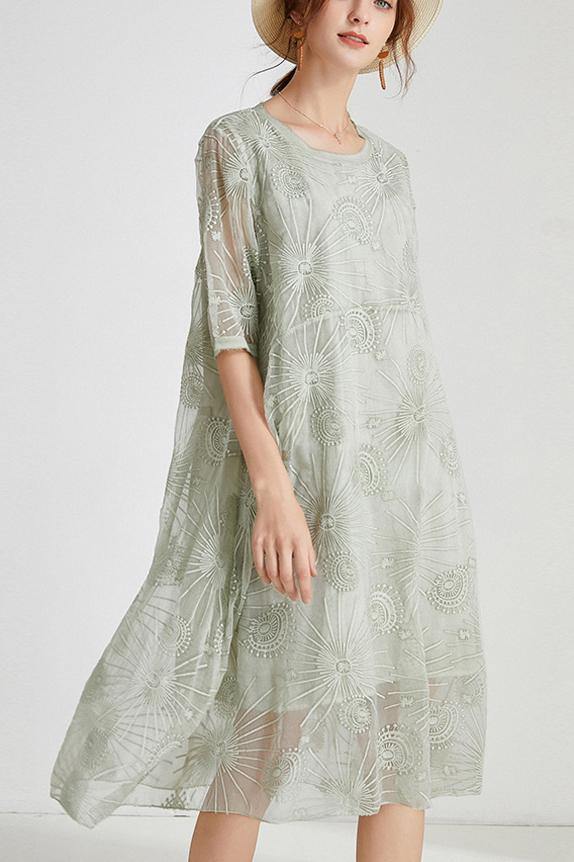 French Light Green Embroidery Chiffon Short Sleeve Summer Maxi Dresses