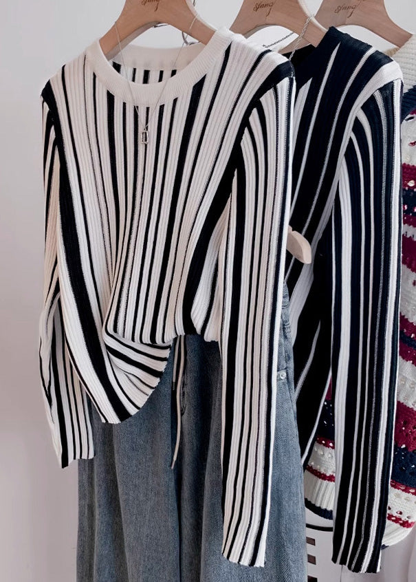 Italian O-neck Striped Knit Sweater Tops Fall