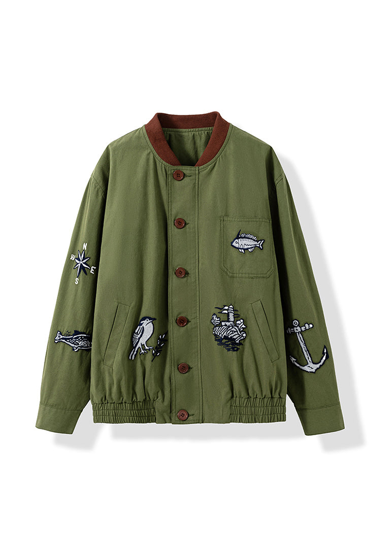 Green Embroidered Pockets Button Cotton Jacket Fall