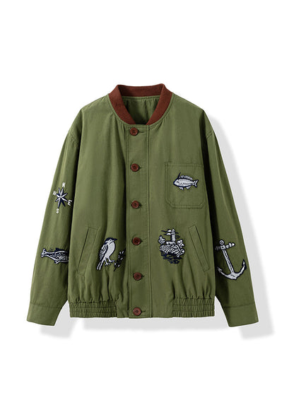 Green Embroidered Pockets Button Cotton Jacket Fall
