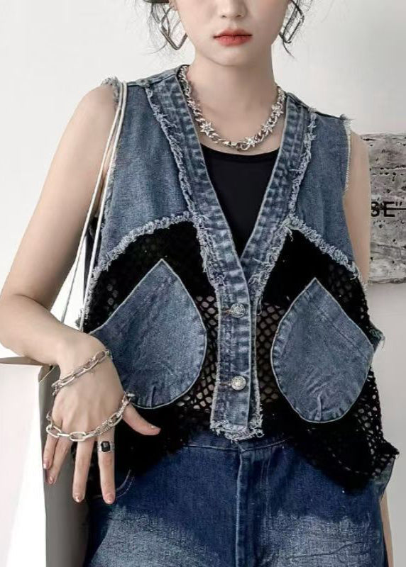 V Neck Pockets Breathable Mesh Patchwork Denim Vest Sleeveless