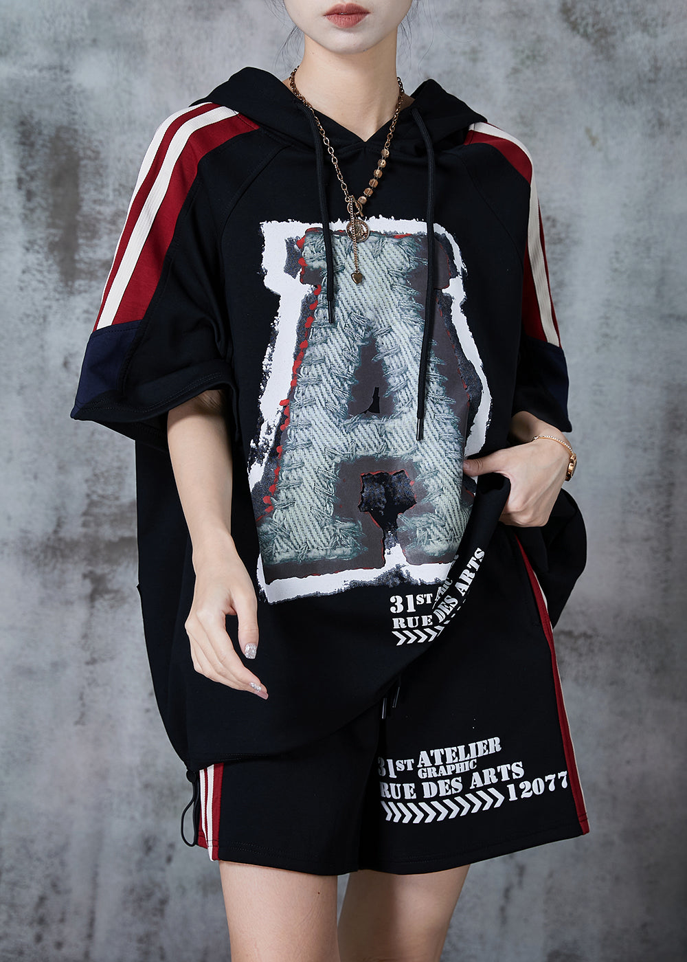 Black Oversized Print Cotton Sweatshirt Two Pieces Set Summer