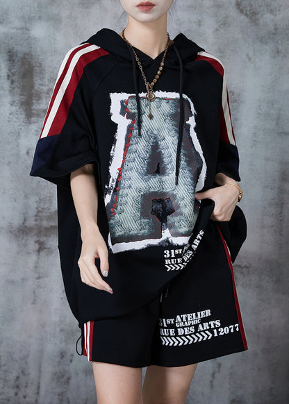 Black Oversized Print Cotton Sweatshirt Two Pieces Set Summer