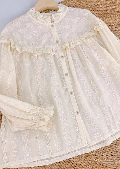 Beige Embroidered Hollow Out Cotton Blouse Spring