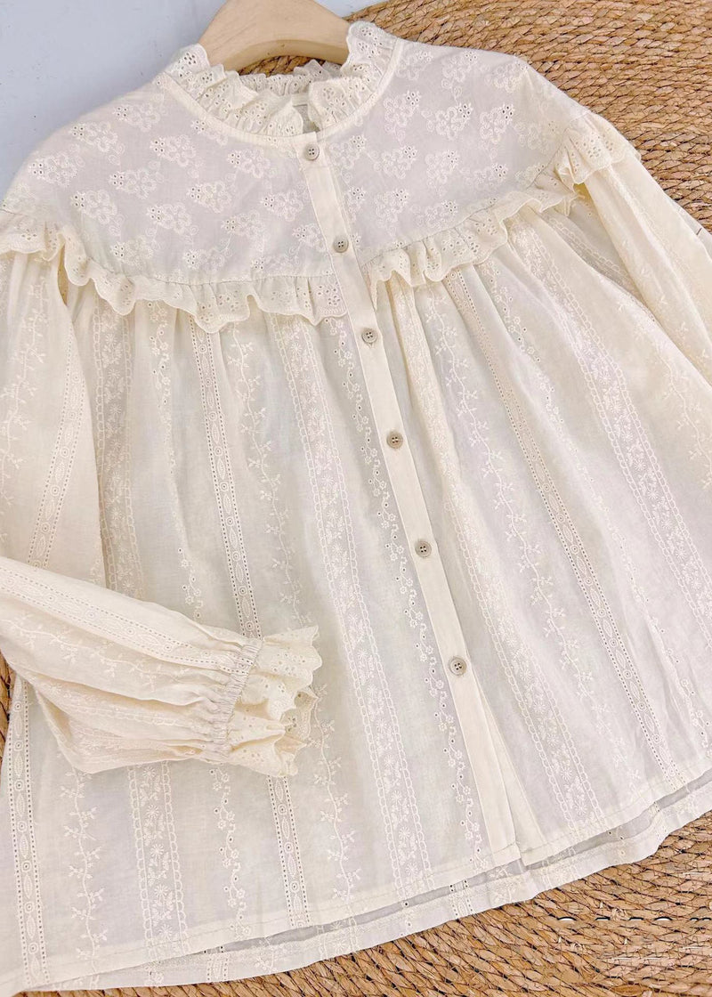 Beige Embroidered Hollow Out Cotton Blouse Spring