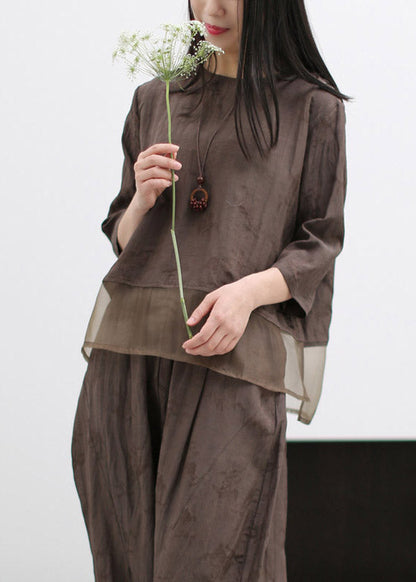 Chocolate O-neck Silk Patchwork Linen Shirts and Wide Leg Pants Two Pieces Set Spring
