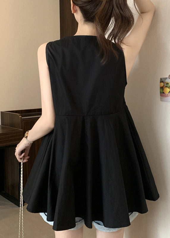 Black V Neck Patchwork Top Summer